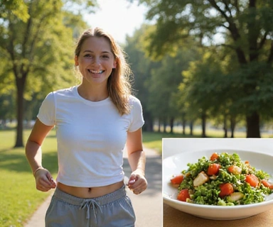 Person joyfully exercising and eating a healthy salad